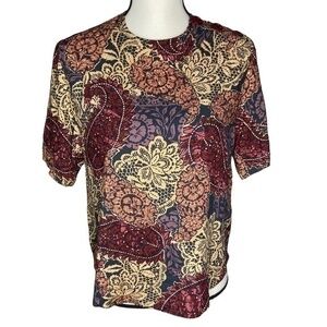 Vintage Intriguing Threads Top Lace and Paisley Print Rayon Short Sleeve Top